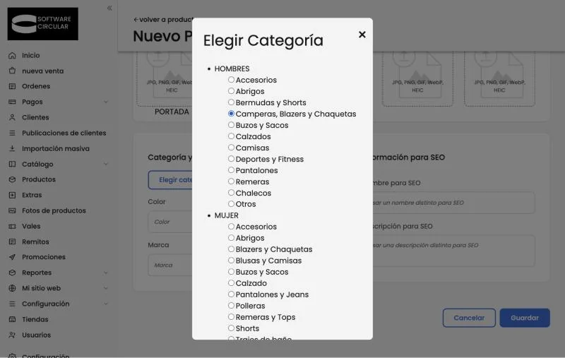 Selector de categorías con una categoría marcada