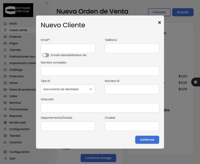 La ventana Nuevo Cliente dentro de la orden de venta