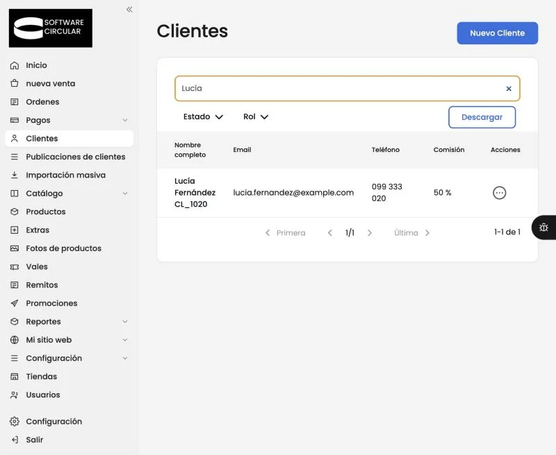 Un resultado de búsqueda, con el código interno y la comisión