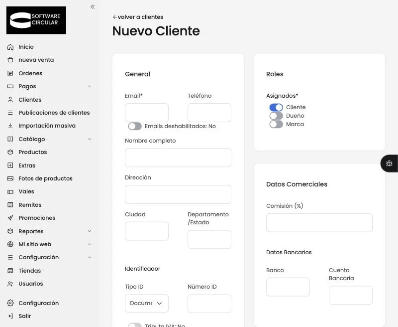El formulario de alta de cliente, con General, Identificador, Roles y Datos Comerciales