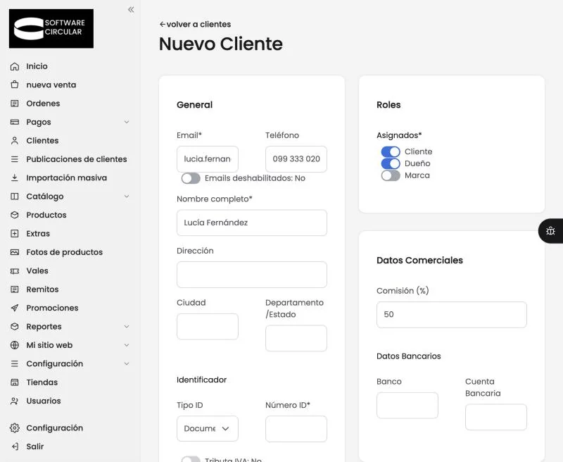 Al activar el rol Dueño, la comisión se completa sola y aparecen los campos obligatorios