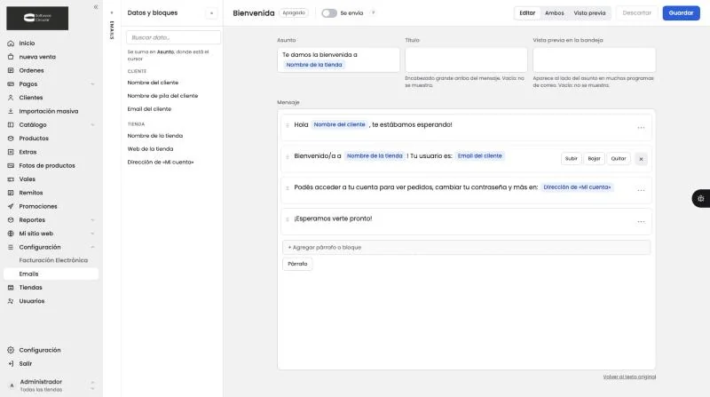 La columna Datos y bloques abierta, con el buscador arriba y los datos agrupados por Cliente y Tienda