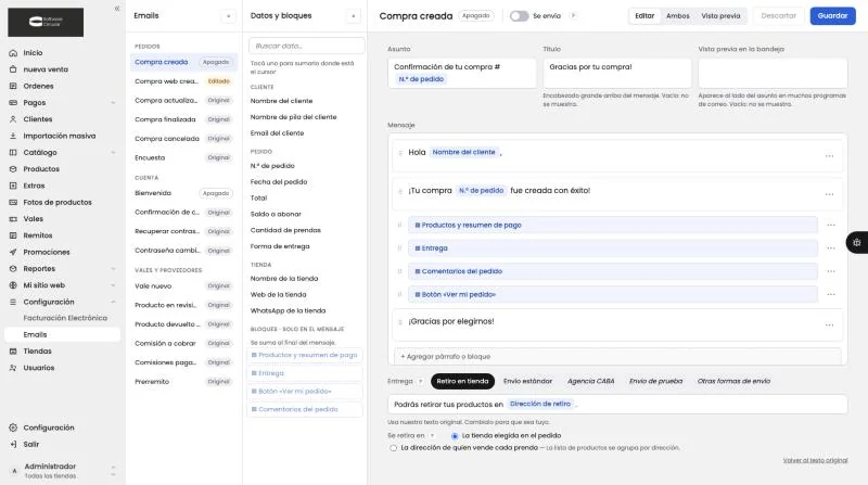 El email Compra creada con sus bloques en el mensaje y, abajo, las pestañas de Entrega con la opción Se retira en