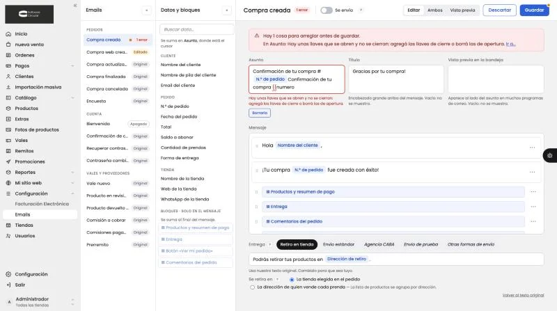 El aviso de error arriba del editor, el campo marcado en rojo y el botón que lo arregla de un clic