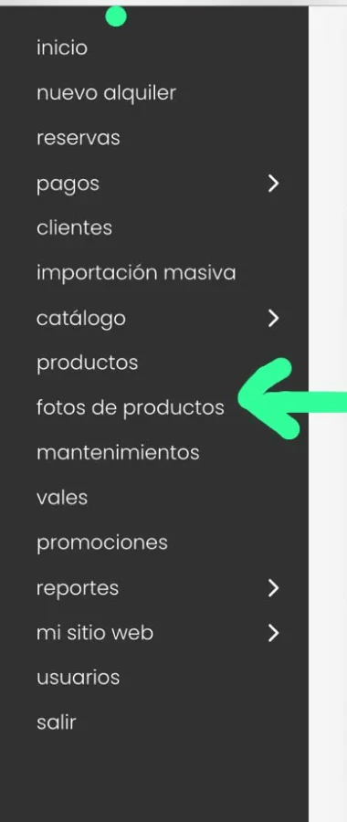 El menú del panel en el celular, con la opción fotos de productos