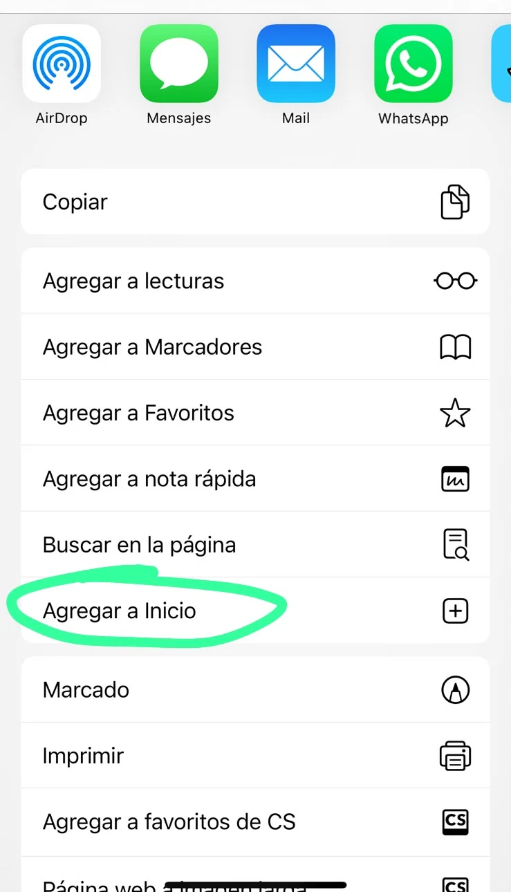 El menú de compartir del navegador con la opción Agregar a Inicio señalada