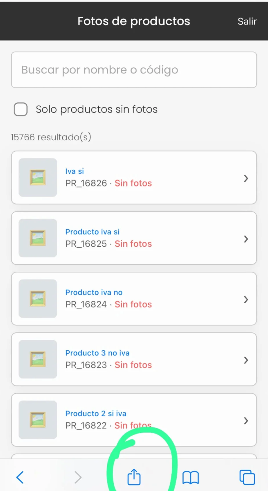 La pantalla de Fotos de productos con el botón de compartir del navegador señalado abajo